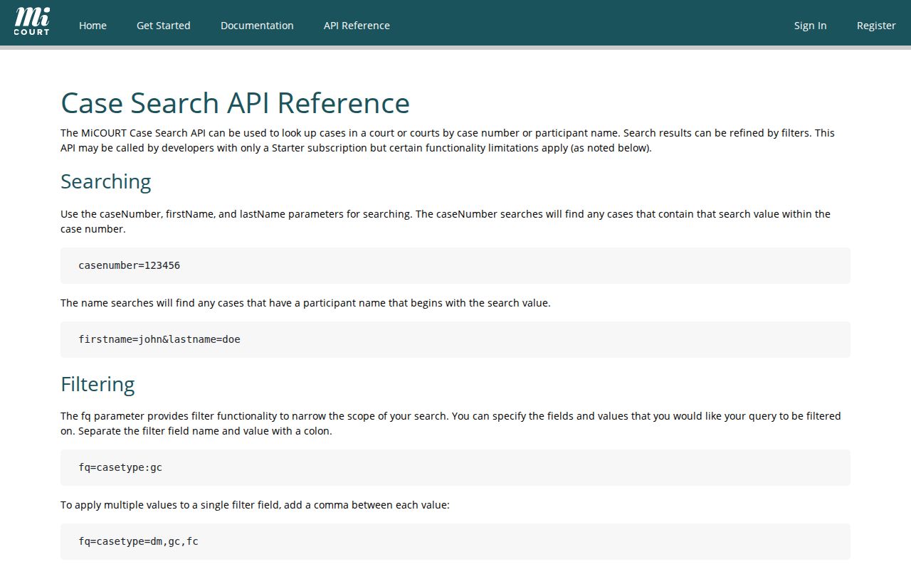 Branch County case-search documentation describing case-number and participant-name searches