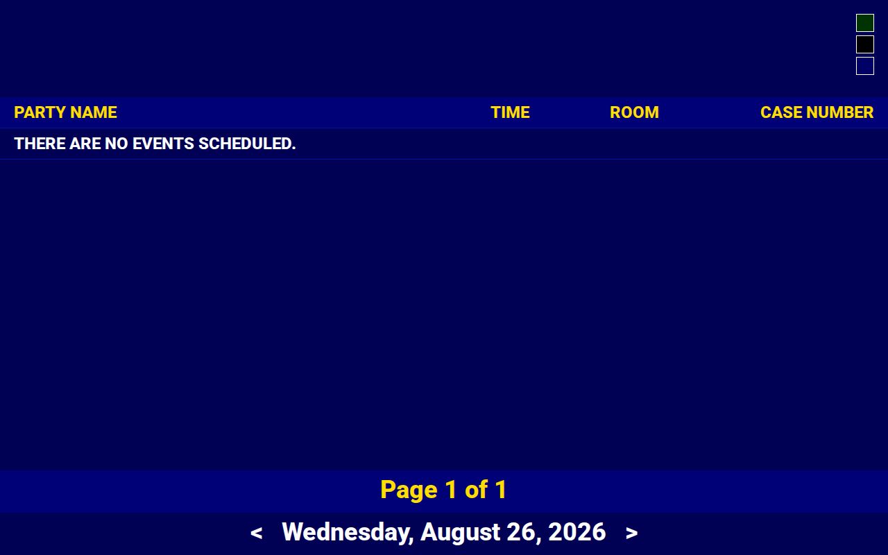 Branch County court calendar display with date, party-name, time, room, and case-number columns